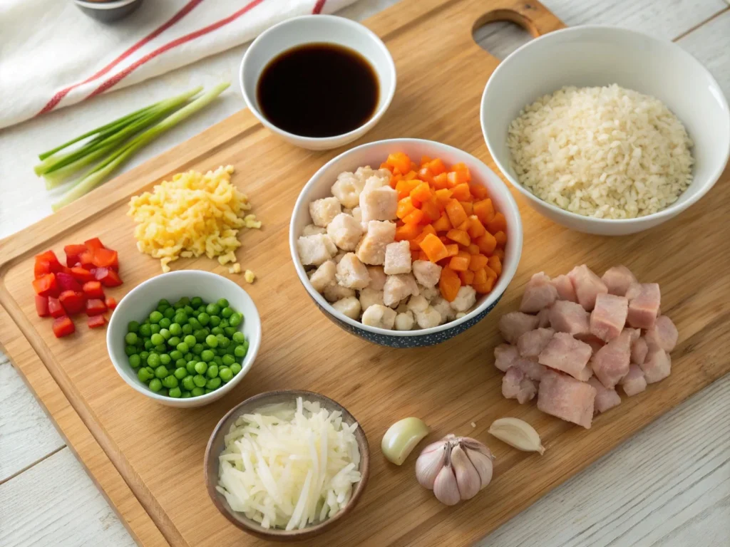 Ingredients for chicken fried rice, including diced chicken, vegetables, rice, and seasonings, arranged neatly on a kitchen countertop.