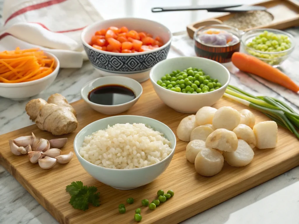 Ingredients for scallop stir-fried rice, including scallops, rice, vegetables, and seasonings on a wooden cutting board.