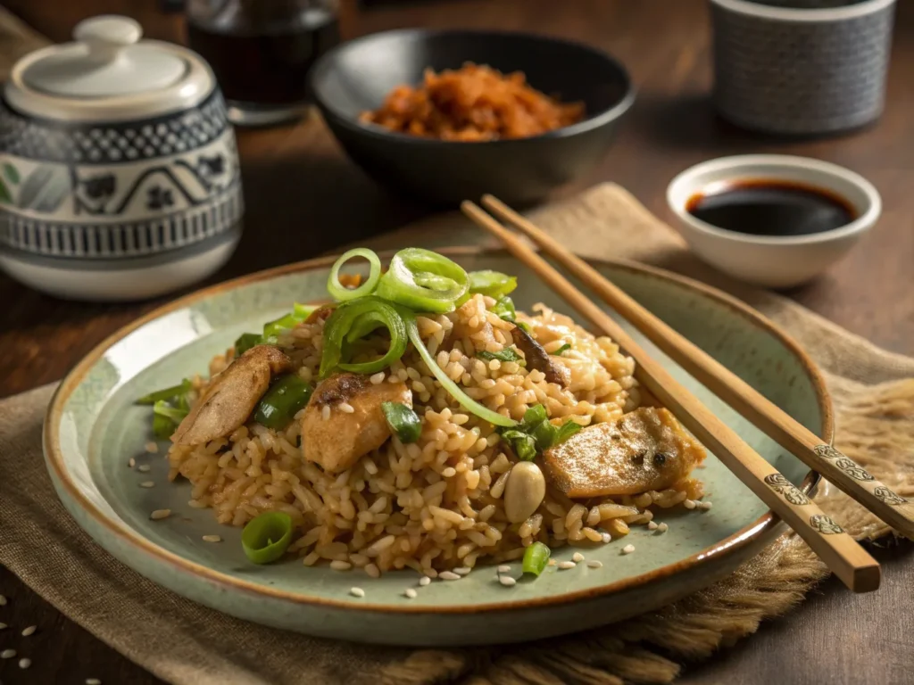 A serving of chicken fried rice with green onions and sesame seeds, plated with chopsticks and soy sauce on the side.