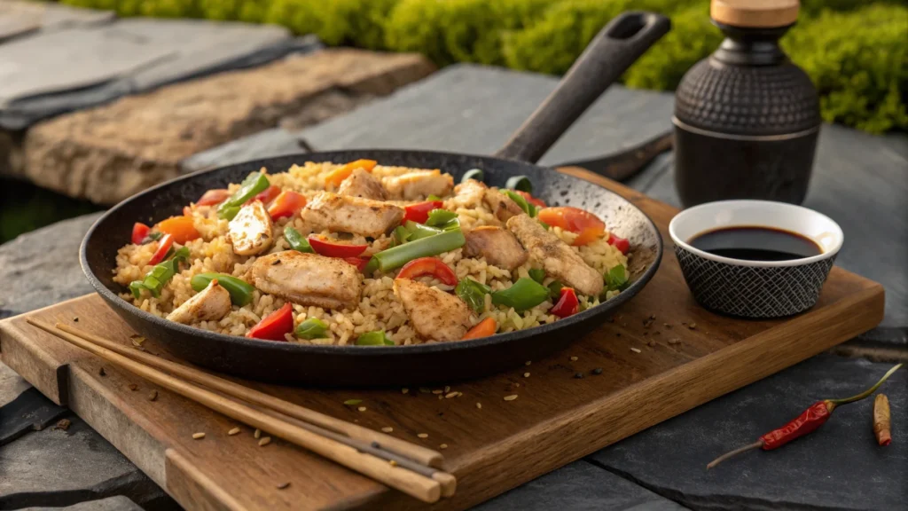 Chicken fried rice served on a wooden platter with vibrant vegetables and chicken, cooked on a Blackstone griddle.