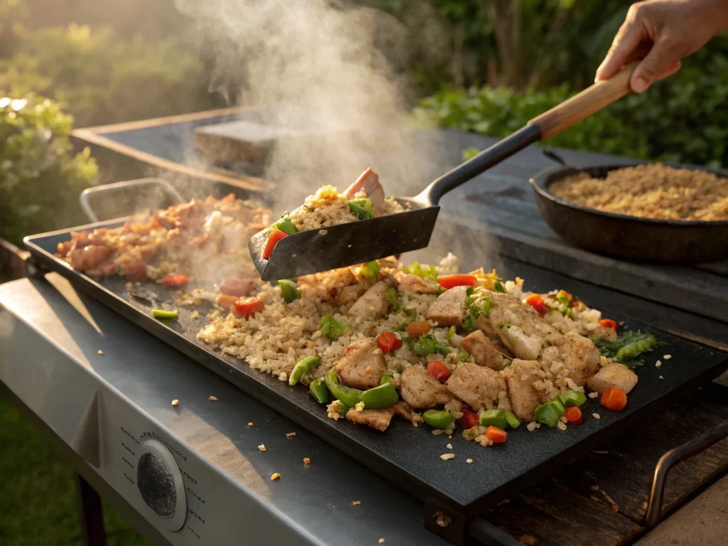 Chicken fried rice sizzling on a Blackstone griddle, with steam rising and ingredients being tossed with a spatula.