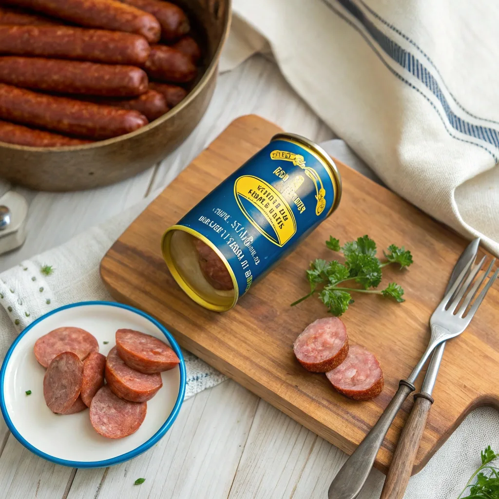 Prairie Belt smoked sausage in its iconic can on a rustic cutting board with sliced sausage displayed.