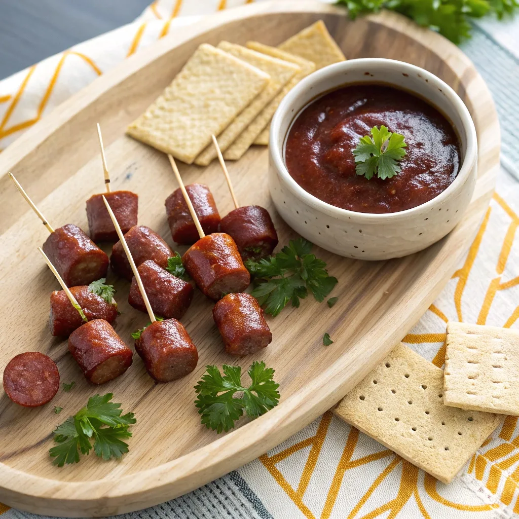  Prairie Belt smoked sausage bites served with toothpicks and barbecue sauce on a wooden platter.