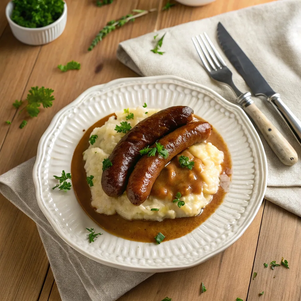 A plate of brown gravy smoked sausage served over mashed potatoes with parsley garnish, captured in warm natural light.