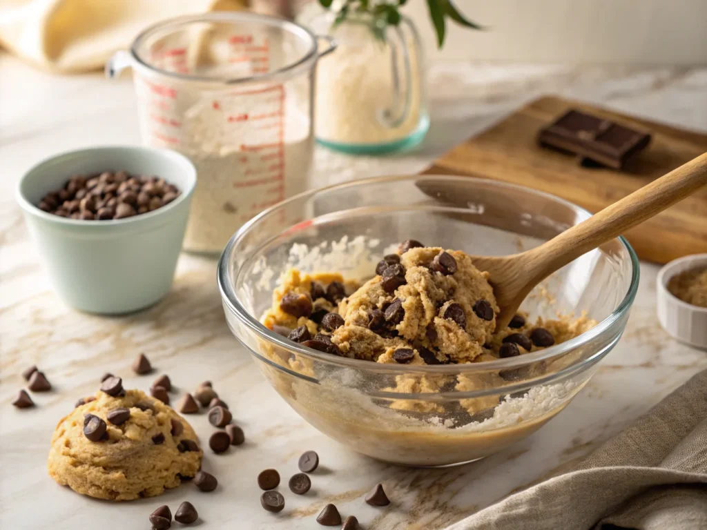  Fricken delicious giant chocolate chip cookie dough being mixed in a glass bowl with chocolate chips.