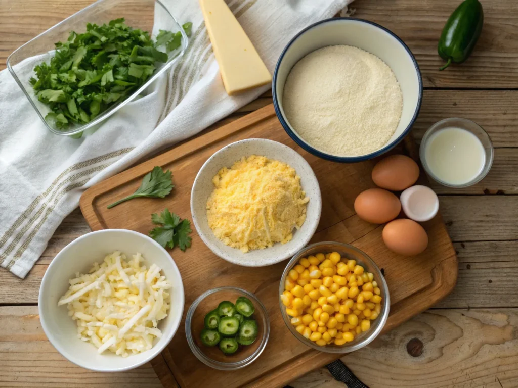 Ingredients for Jiffy Mexican Cornbread, including Jiffy mix, cheese, jalapeños, creamed corn, milk, and eggs.