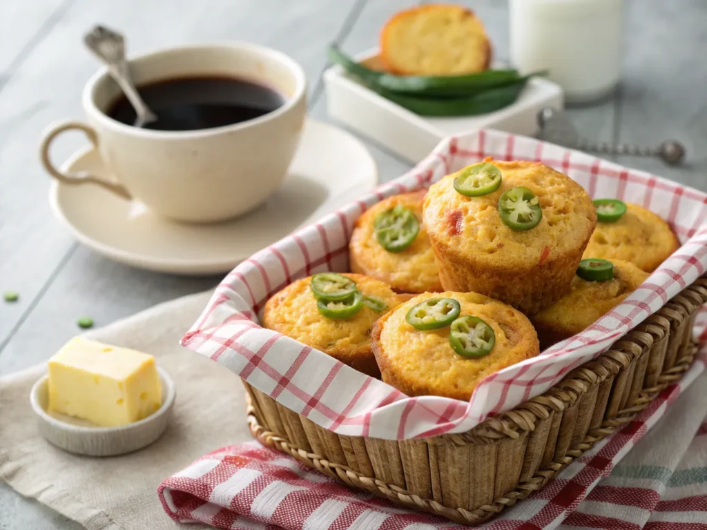 "Mexican cornbread muffins with golden tops and jalapeño slices, served in a basket with a checkered cloth."