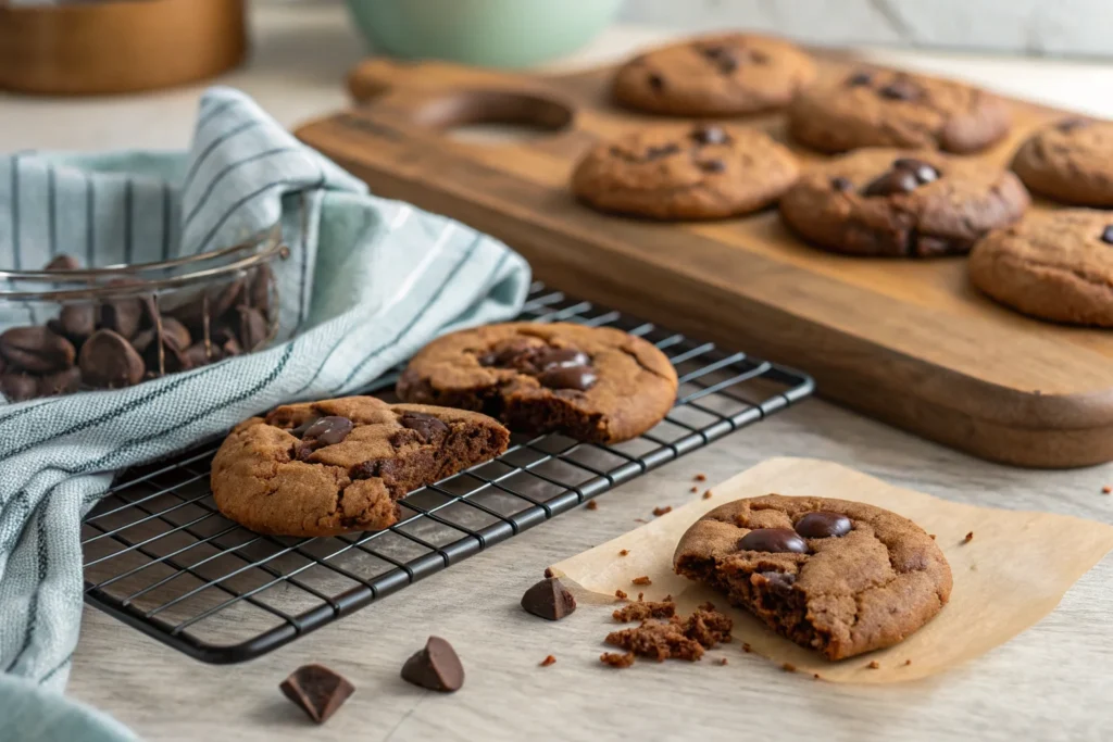 Freshly baked Trader Joe's Chocolate Chocolate Chip Cookies cooling on a wire rack with gooey melted chocolate inside.