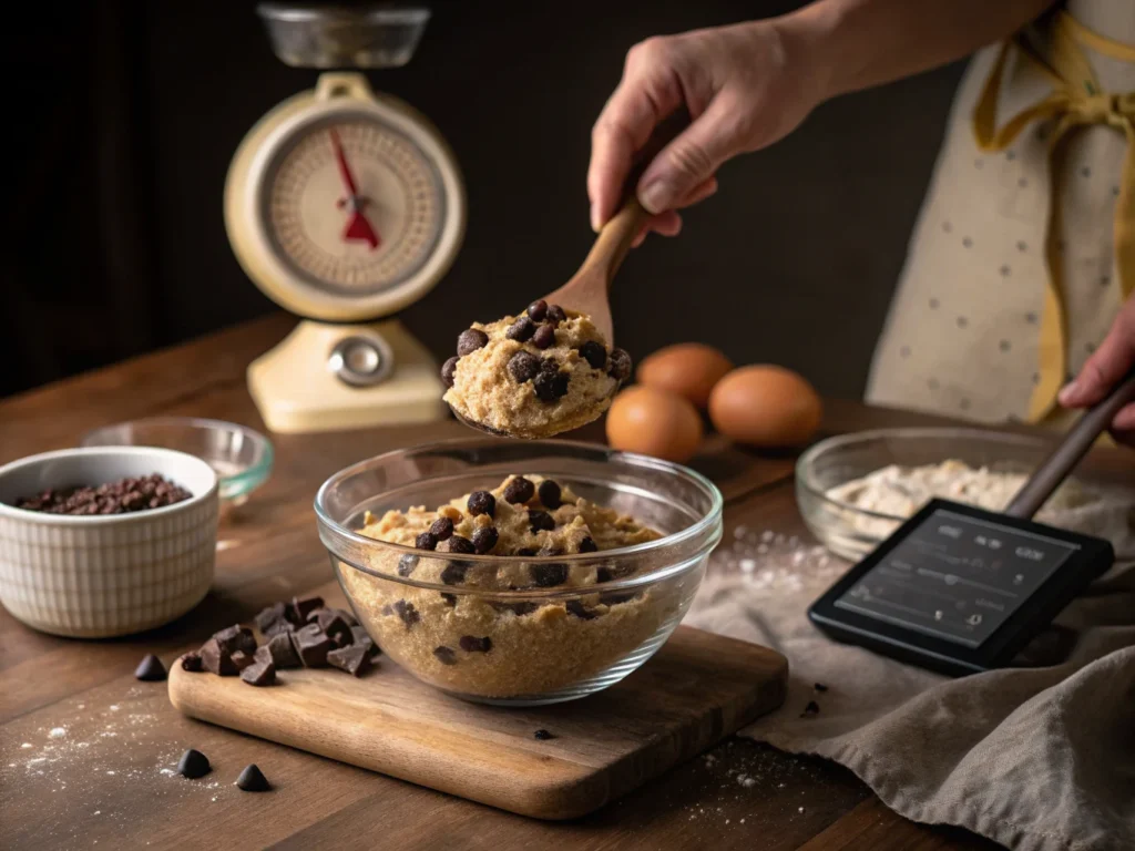 Hands mixing Disney chocolate chip cookie dough with chocolate chips in a glass bowl, showing the baking process.