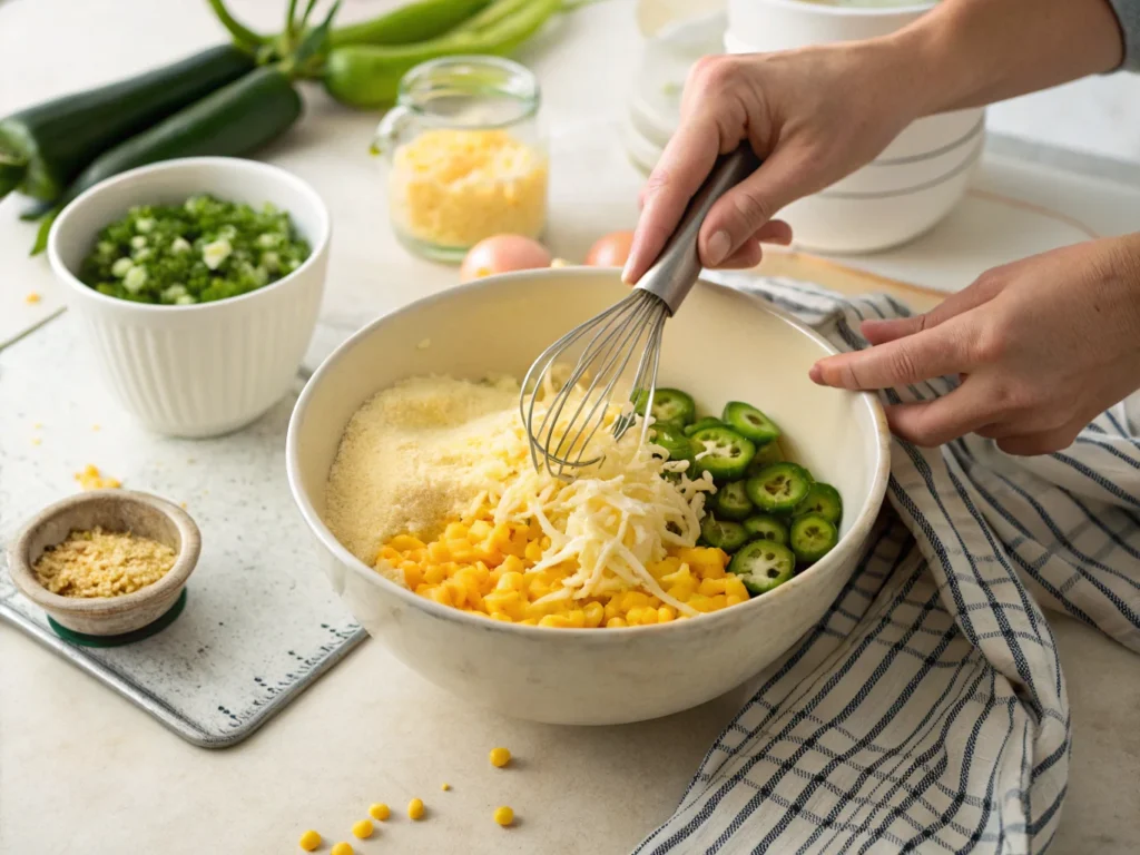 Hands mixing Jiffy Cornbread batter with jalapeños, cheese, and creamed corn in a bowl.