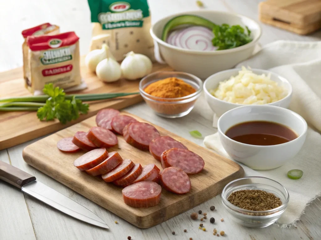 Flat lay of smoked sausage, brown gravy mix, onions, garlic, and seasonings neatly arranged on a wooden countertop.