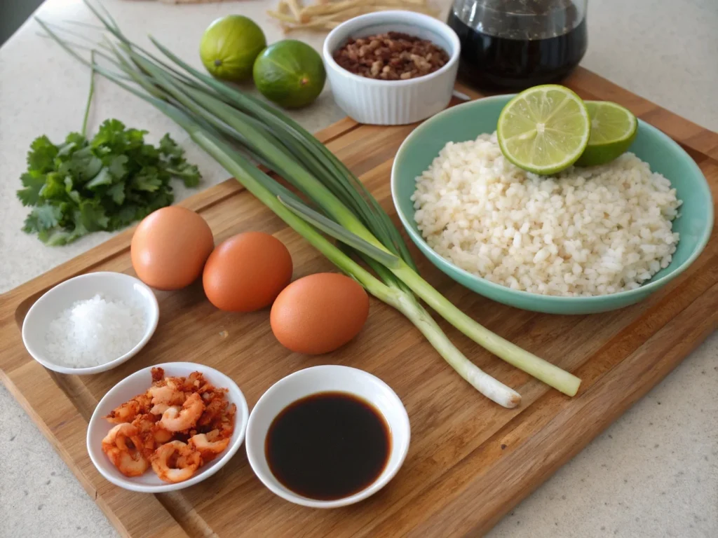  Ingredients for Burmese garlic fried rice including rice, garlic, soy sauce, eggs, green onions, and lime wedges on a wooden cutting board.