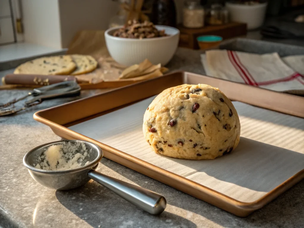  Large balls of Crisco chocolate chip cookie dough resting on a parchment-lined baking sheet before chilling.