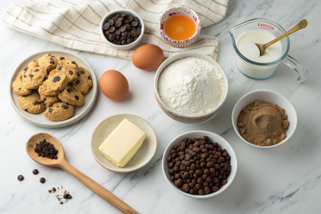 A flat lay of ingredients for Trader Joe's Chocolate Chocolate Chip Cookies, including flour, butter, eggs, sugar, and chocolate chips.