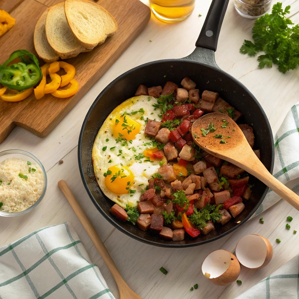  Prairie Belt smoked sausage breakfast scramble cooking in a skillet with eggs, peppers, and onions.