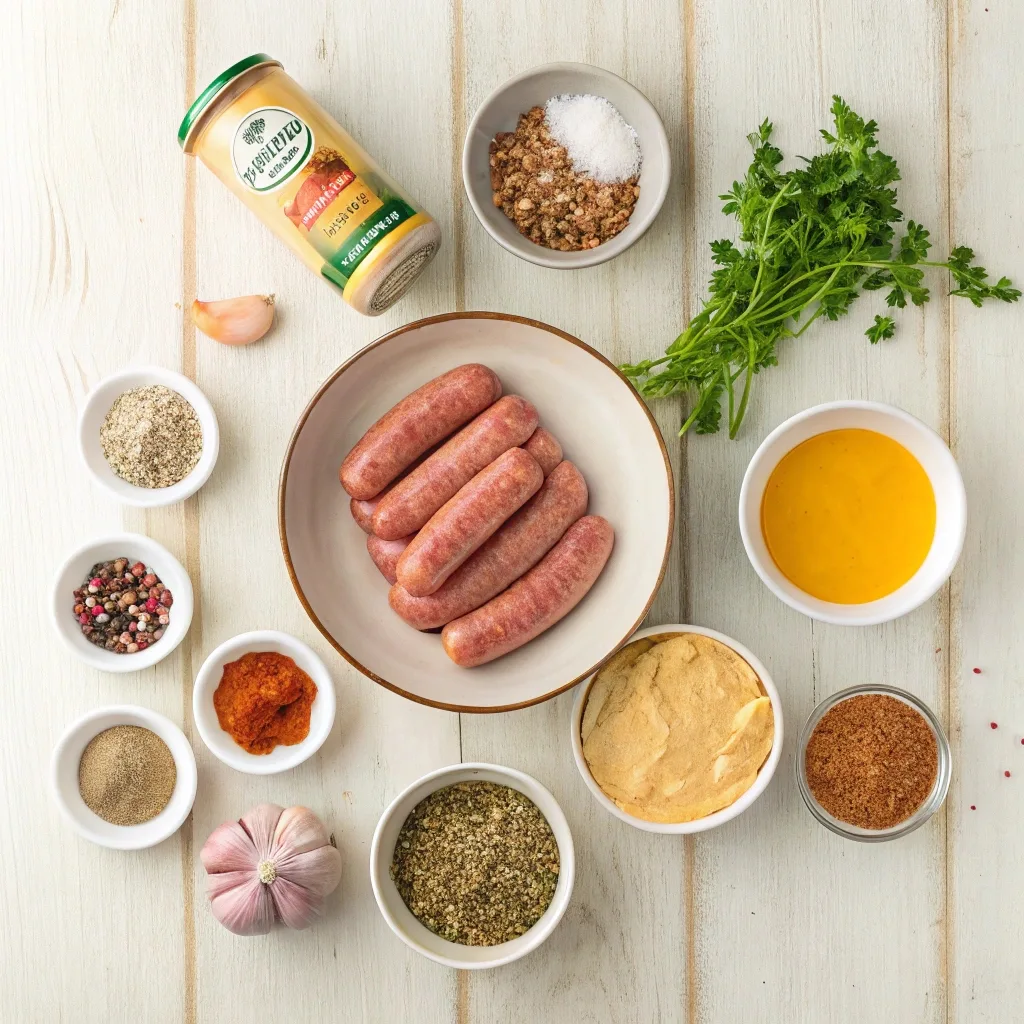  Prairie Belt smoked sausage ingredients, including spices and mustard, displayed with the iconic can in the center.