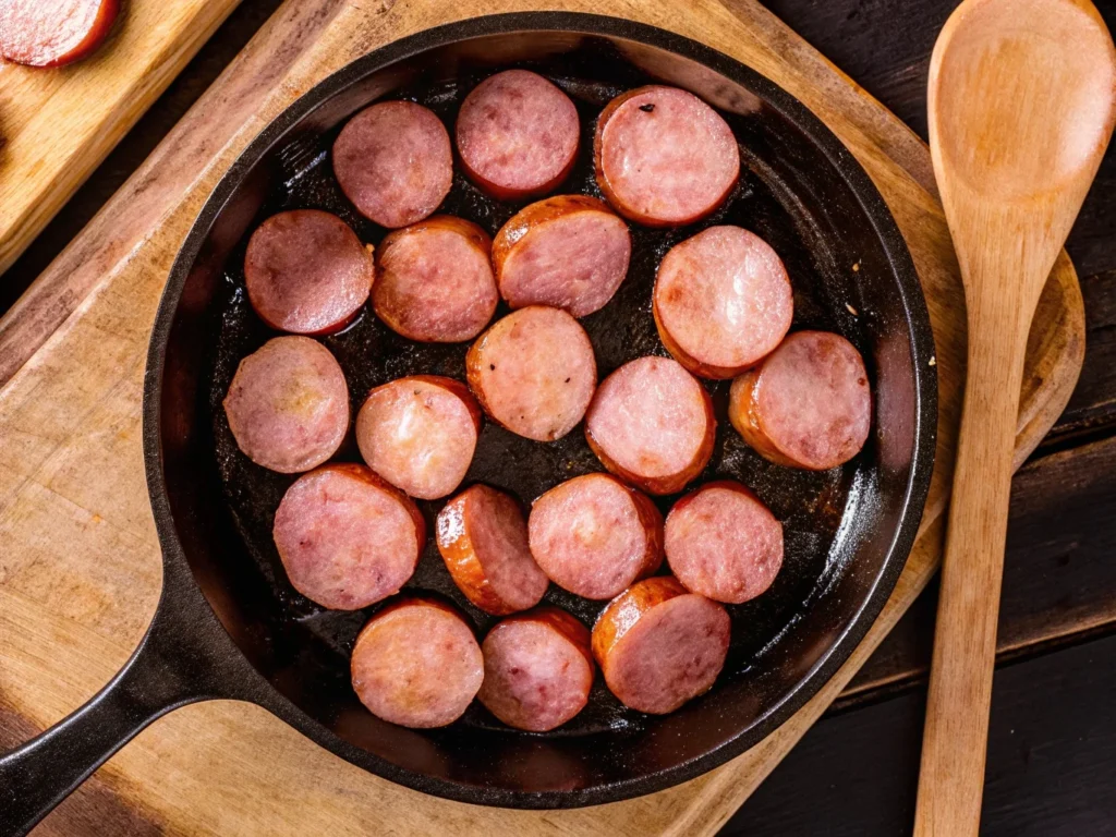 Smoked sausage slices browning in a cast-iron skillet, creating caramelized edges in warm lighting.