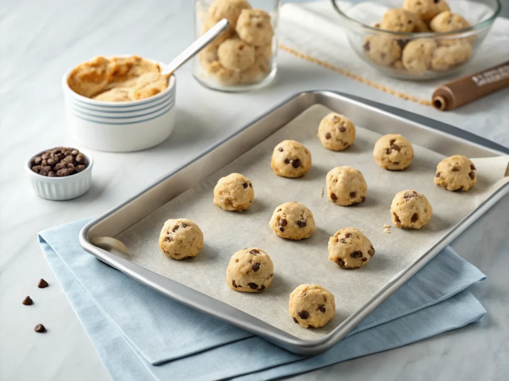 Pre-portioned Disney chocolate chip cookie dough balls on a tray, ready for freezing and future baking.