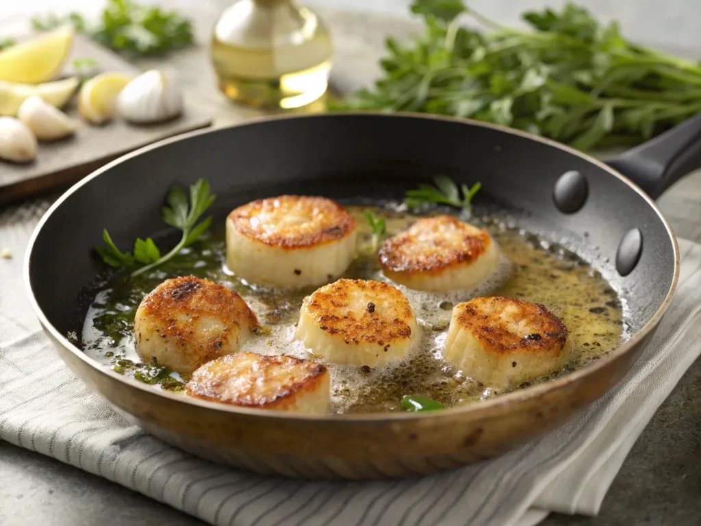 Scallops being seared in a skillet, forming a golden crust with bubbling butter.