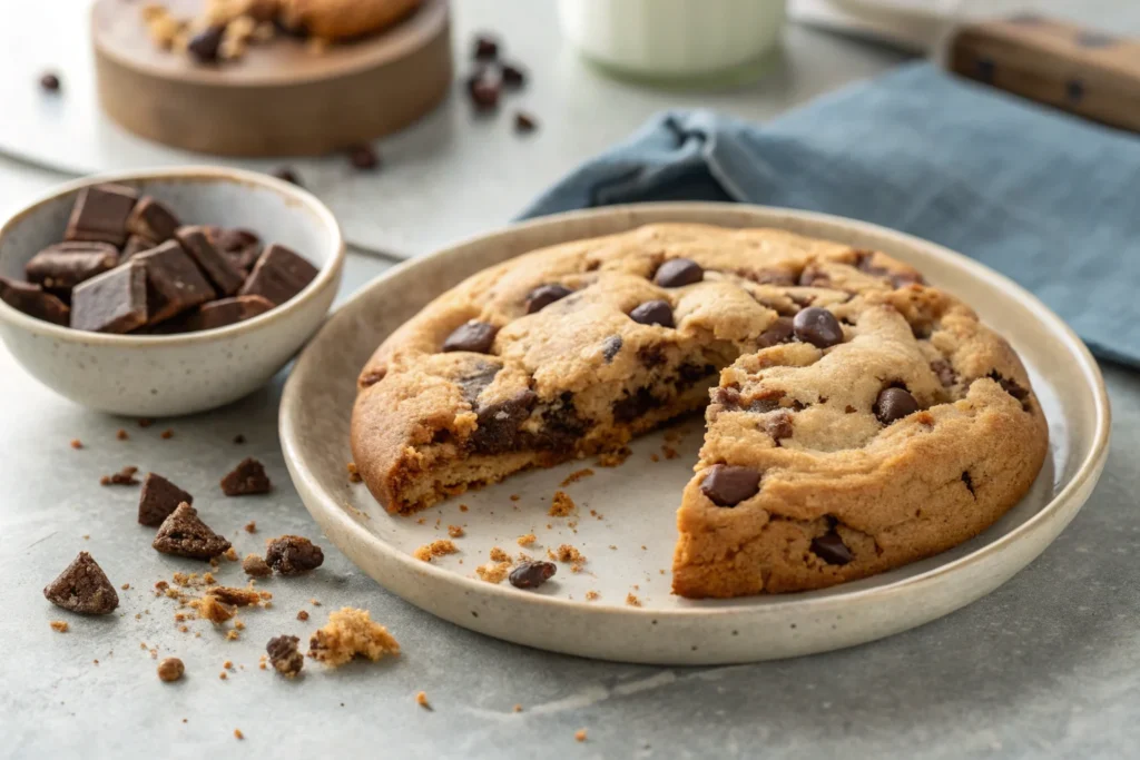 A single bakery-style chocolate chip cookie with a bite taken out, showing a soft texture and melted chocolate chunks.