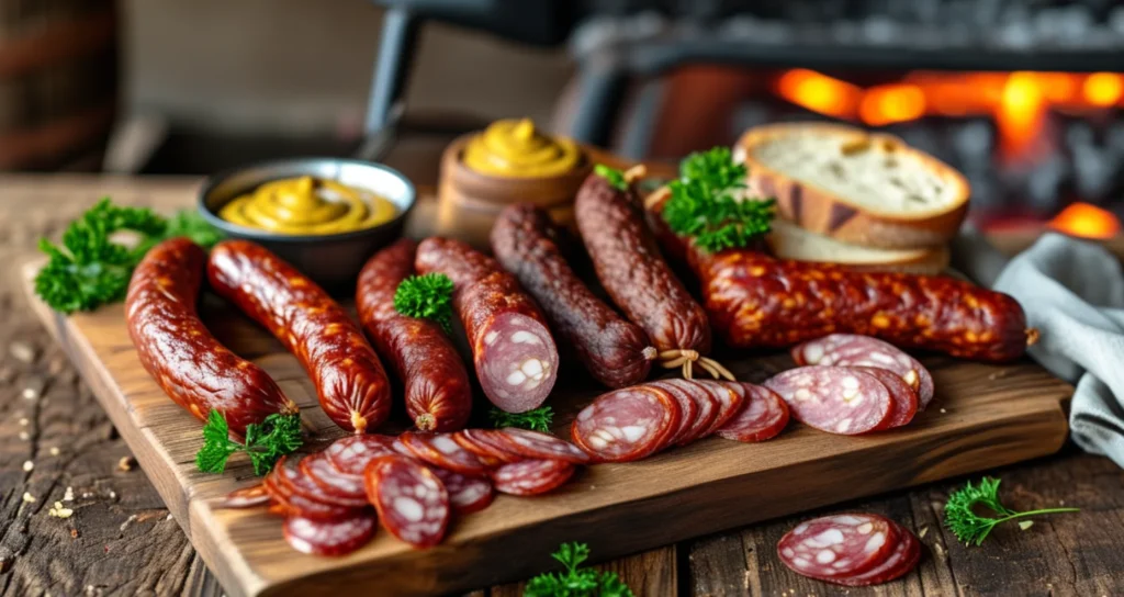 Smoked sausages on a wooden cutting board with mustard and bread.