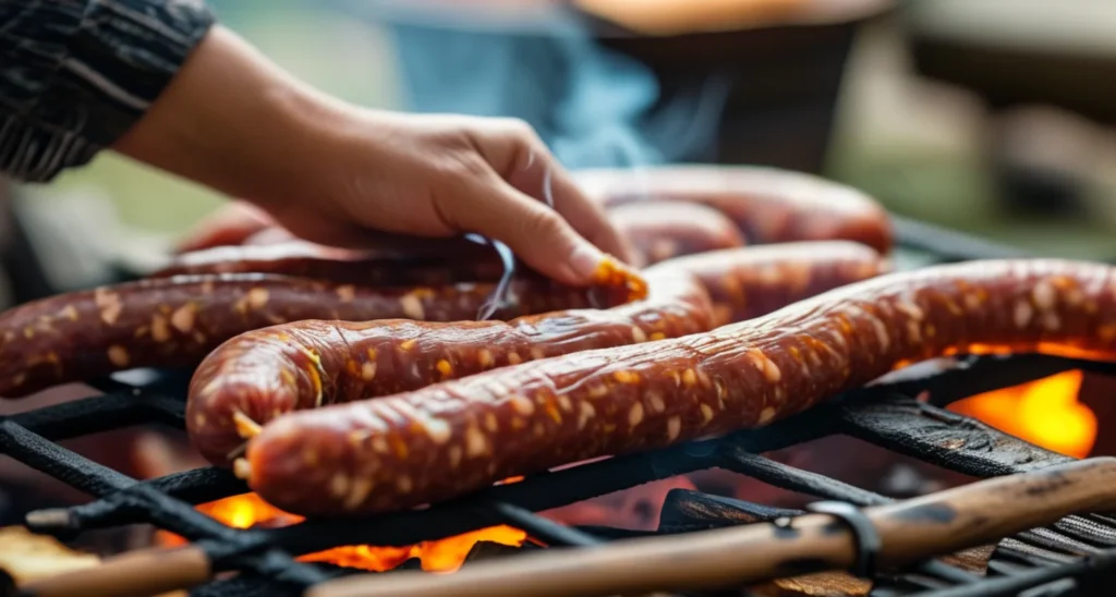 Placing raw sausages on a smoker rack with visible wood chips below.