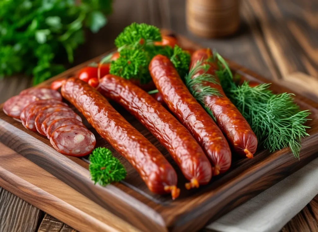 Smoked sausage and kielbasa sliced and labeled on a wooden platter.