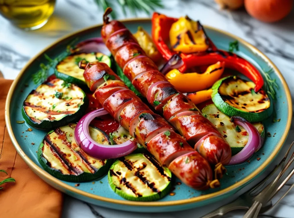  Smoked sausage and vegetable sheet pan dinner with bell peppers and zucchini.