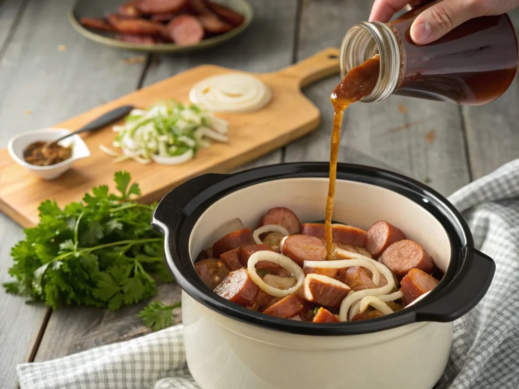 Smoked sausage and onions being layered into a crockpot with beef broth being poured over, steam rising from the crockpot.