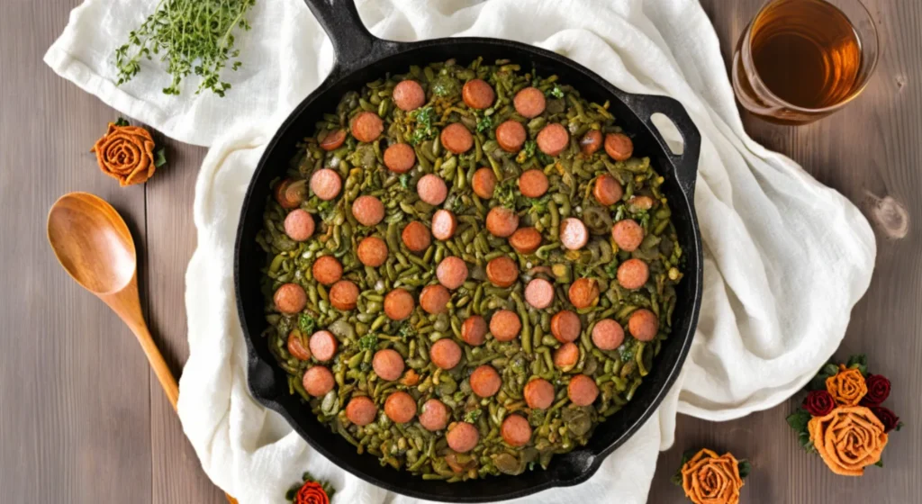 Smothered green beans with smoked sausage in a cast iron skillet, garnished with parsley.