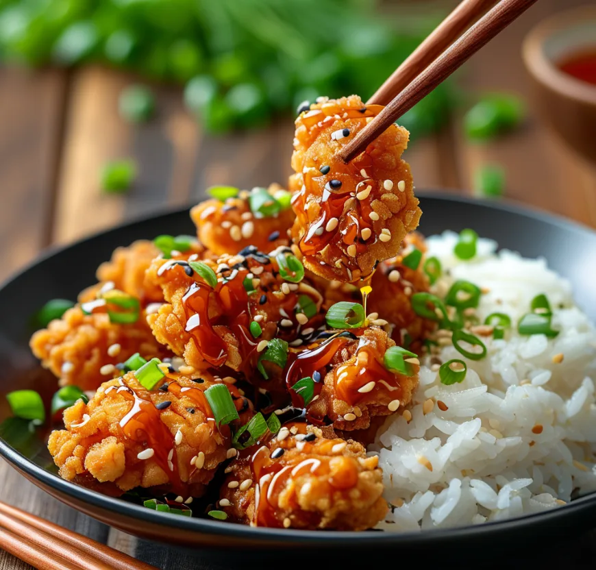 Crispy sweet and sour chicken with sesame seeds and green onions, served with white rice and chopsticks on a rustic table.