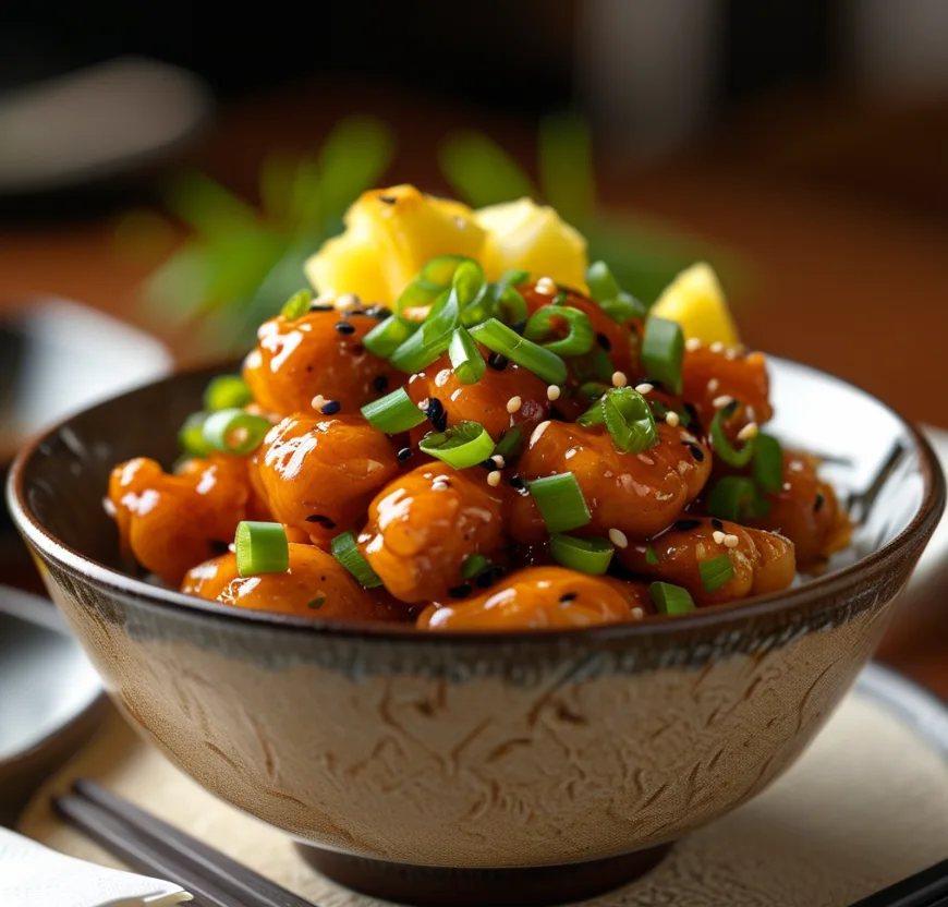 Restaurant-style sweet and sour chicken with glossy sauce, bell peppers, and pineapple chunks, served in a ceramic bowl with chopsticks.