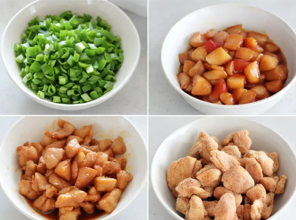  Fresh ingredients for sweet and sour chicken, including chicken, bell peppers, pineapple, and sauce components, neatly arranged on a counter.