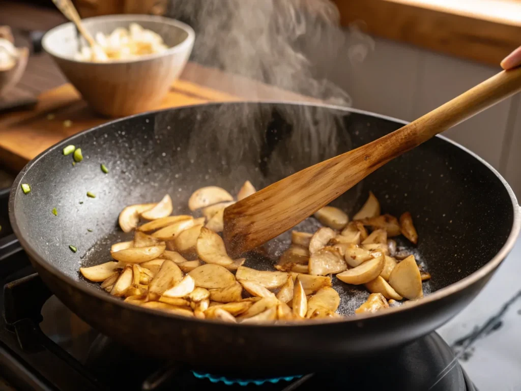 Thinly sliced garlic frying in a wok until golden brown, stirred with a wooden spatula, capturing the cooking process.