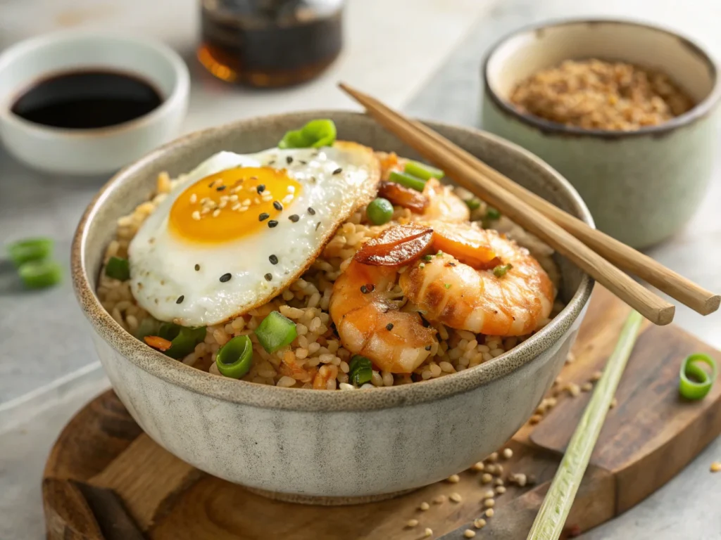 Trader Joe's Japanese-Style Fried Rice topped with a fried egg, grilled shrimp, sesame seeds, and green onions.