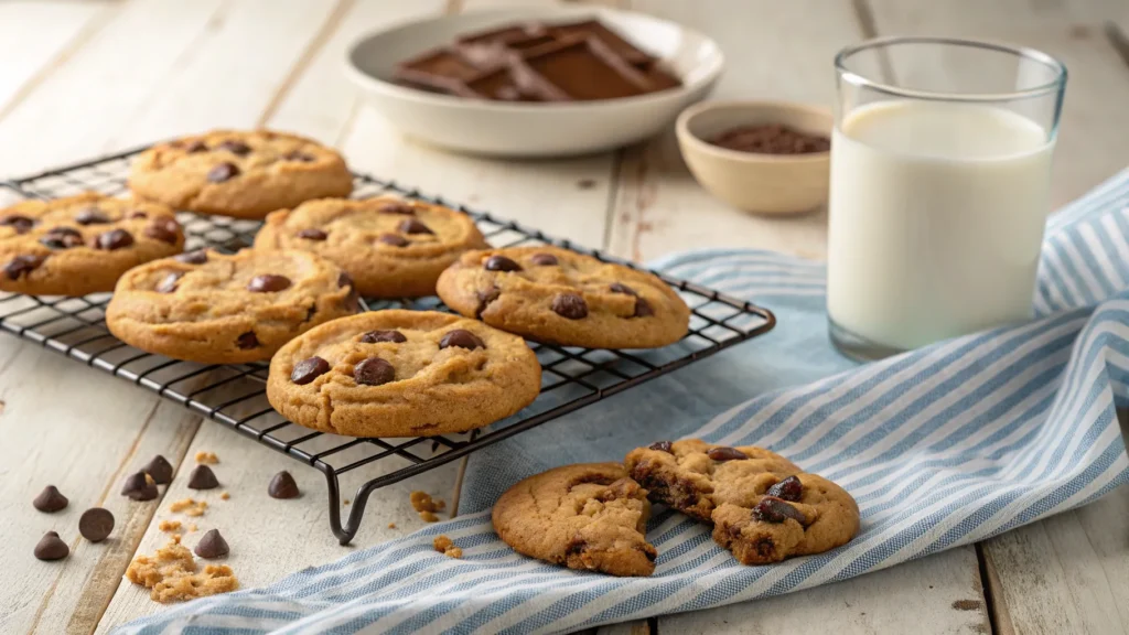 Freshly baked Disney chocolate chip cookies cooling on a wire rack, with melted chocolate chips and a glass of milk beside them.