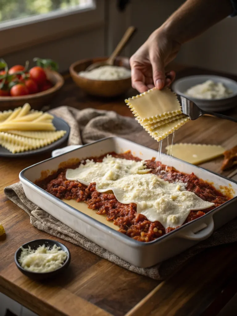 A serving of San Giorgio lasagna with golden melted cheese, paired with garlic bread and a fresh green salad on a rustic dinner table.
