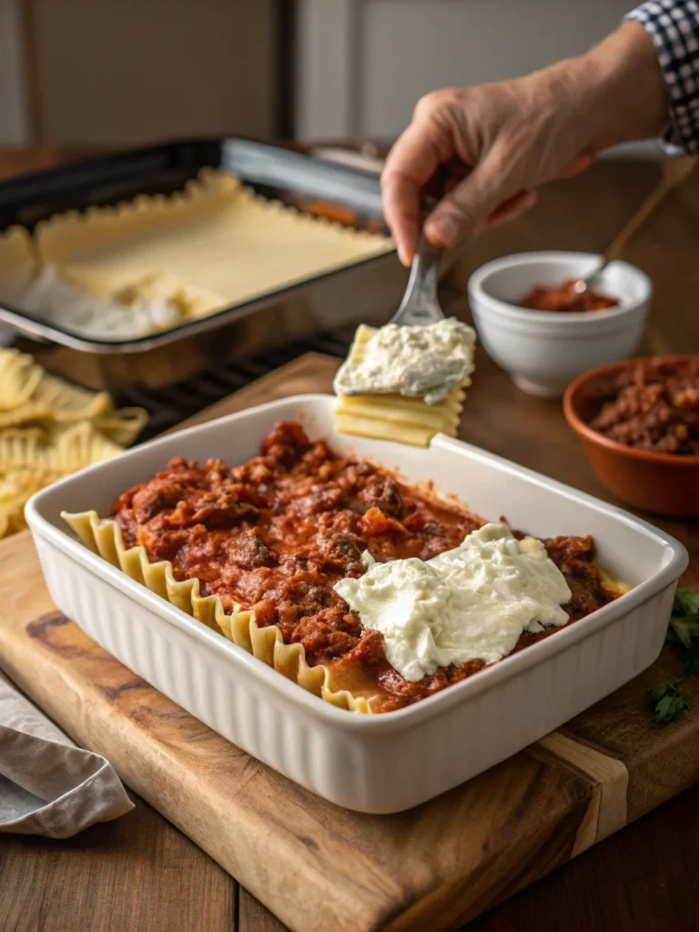 A home cook layering whole grain San Giorgio lasagna noodles with meat sauce and creamy ricotta cheese in a baking dish.