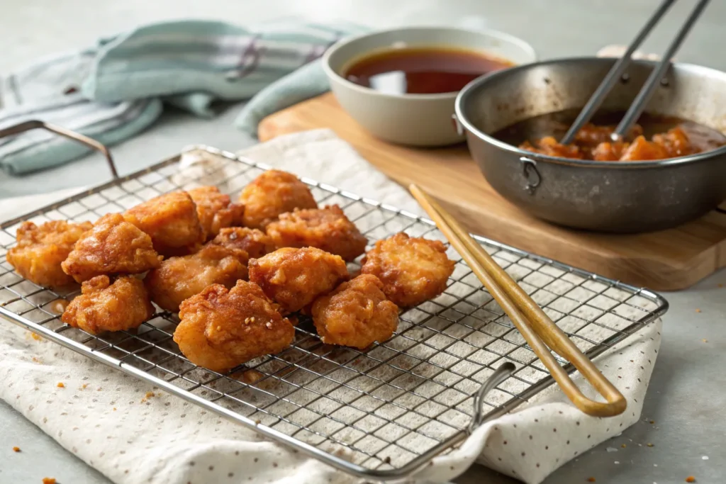  Freshly fried crispy golden-brown chicken pieces resting on a wire rack, ready to be coated in sweet and sour sauce.