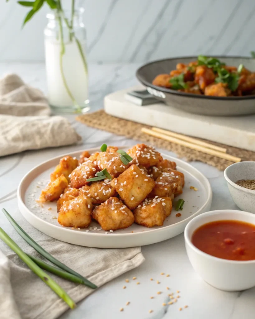 Air-fried sweet and sour chicken served on a plate with a side of homemade sauce.