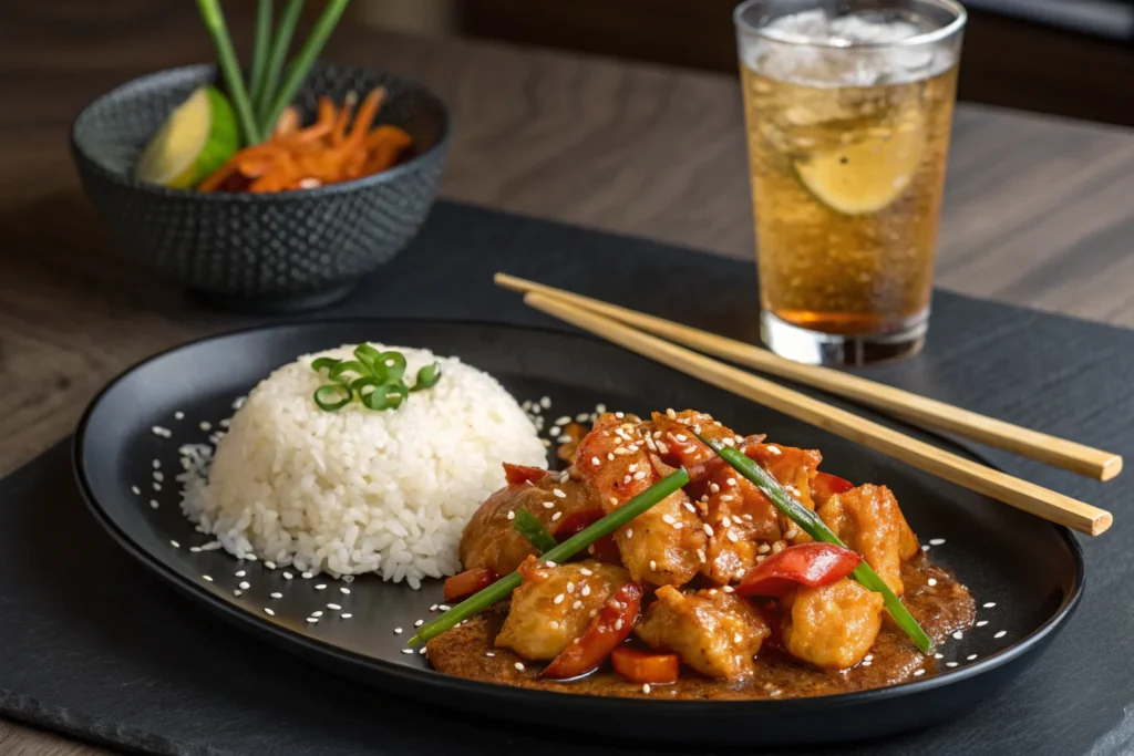  A plated serving of Cravings Champaign Chinese Sweet and Sour Chicken with jasmine rice, garnished with green onions and sesame seeds.