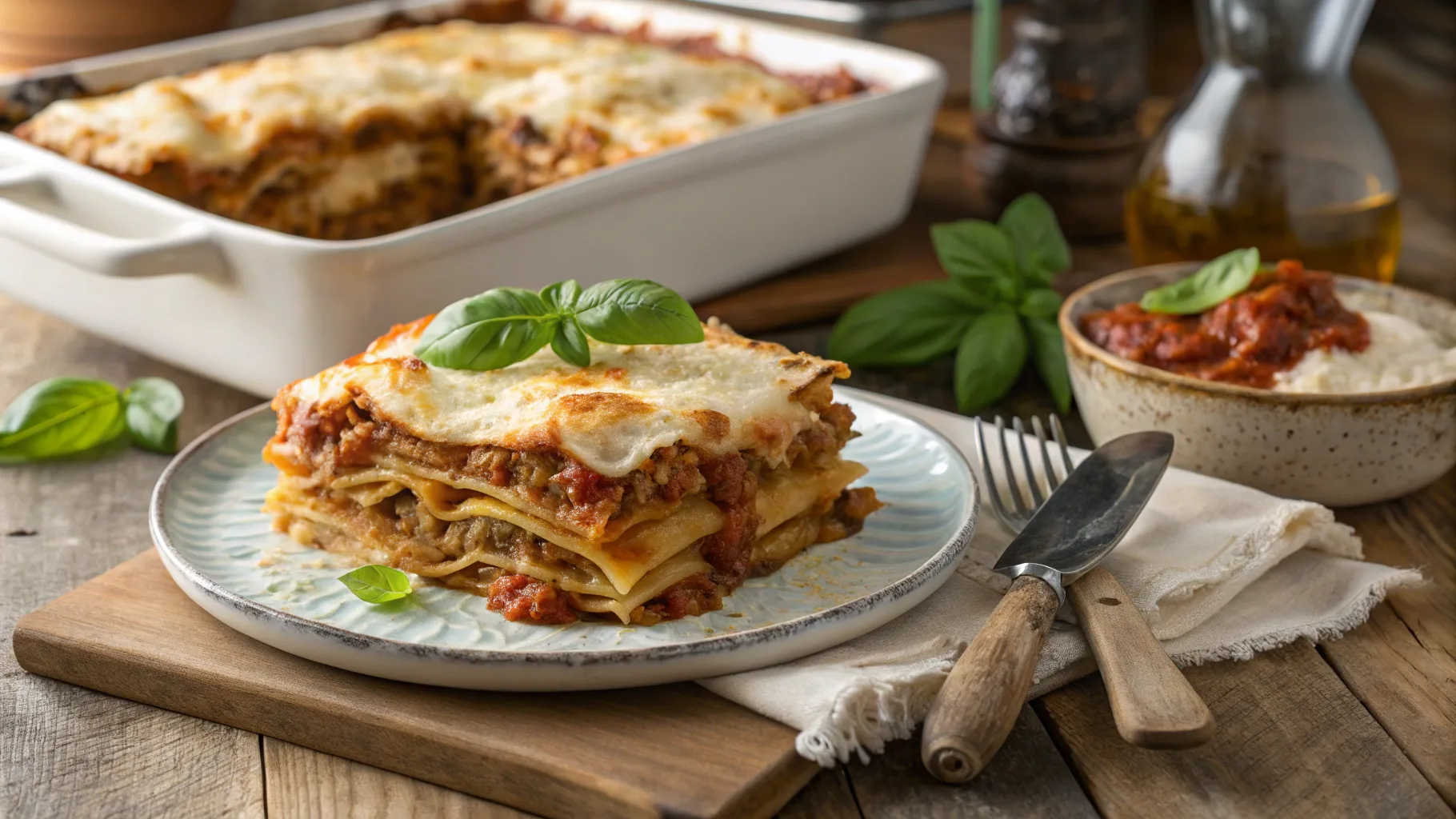 Classic homemade San Giorgio lasagna with golden melted cheese and fresh basil, served on a rustic wooden table
