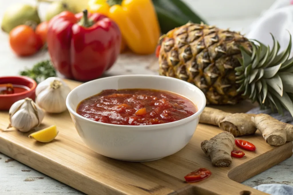  A bowl of homemade sweet and sour sauce with a glossy, rich red texture, surrounded by fresh ingredients like pineapple, bell peppers, and garlic.