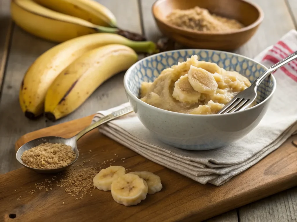  A bowl of mashed overripe bananas with a fork, showing the soft texture perfect for banana bread batter