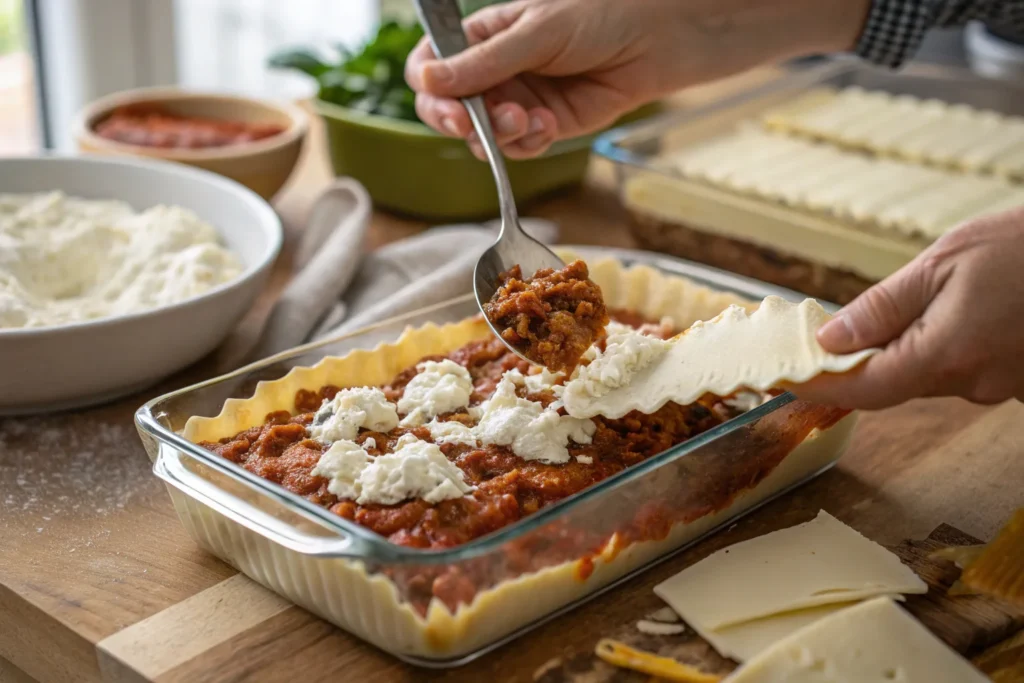  Hands layering lasagna noodles, ricotta cheese, and meat sauce in a baking dish for a homemade lasagna.
