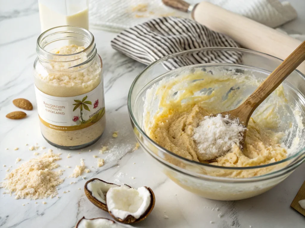 Coconut oil in a jar beside banana bread batter in a glass bowl, showcasing its role in baking.