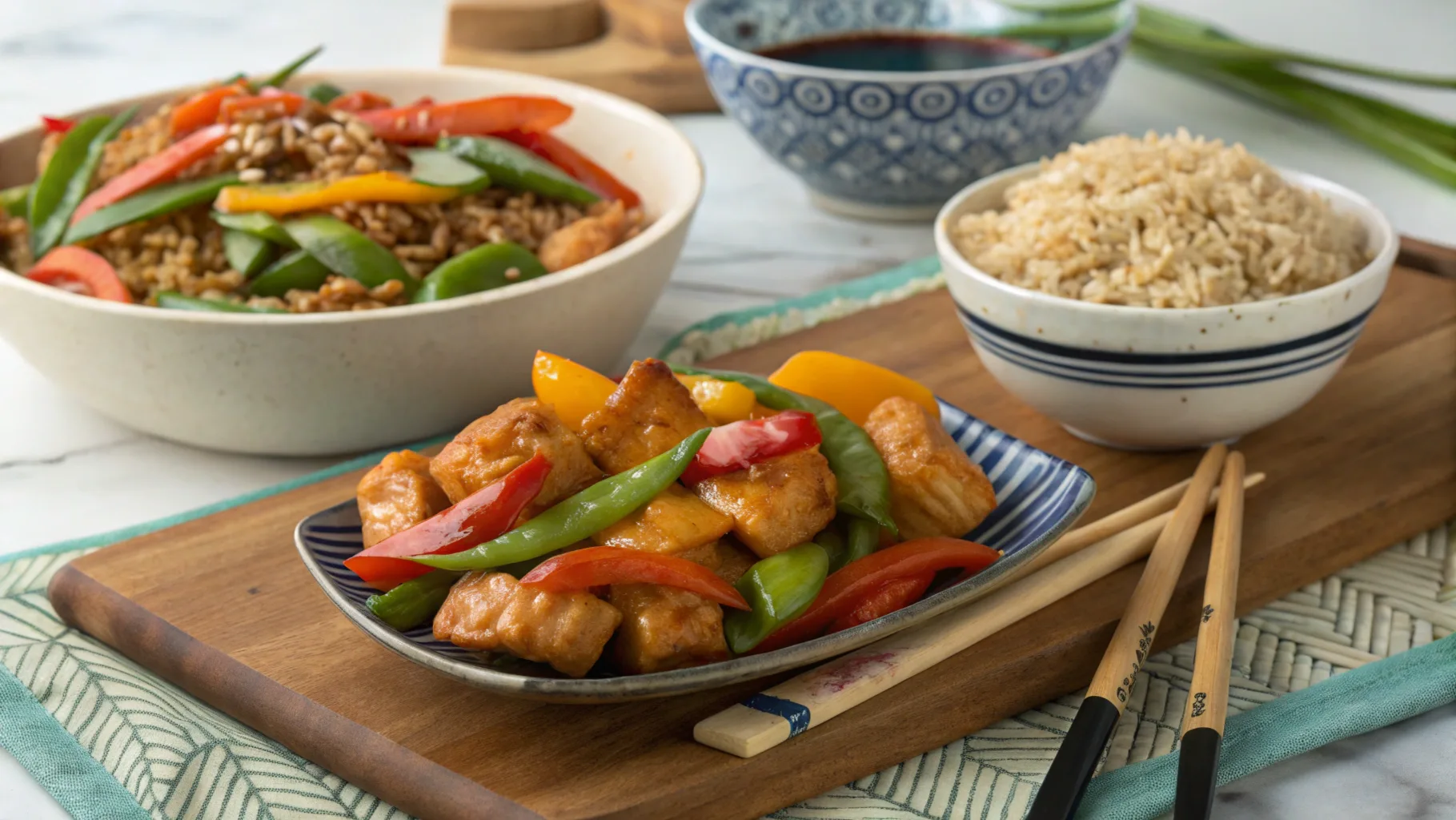 Crispy golden-brown Cravings Champaign Chinese Sweet and Sour Chicken coated in glossy red sauce, garnished with sesame seeds and green onions.