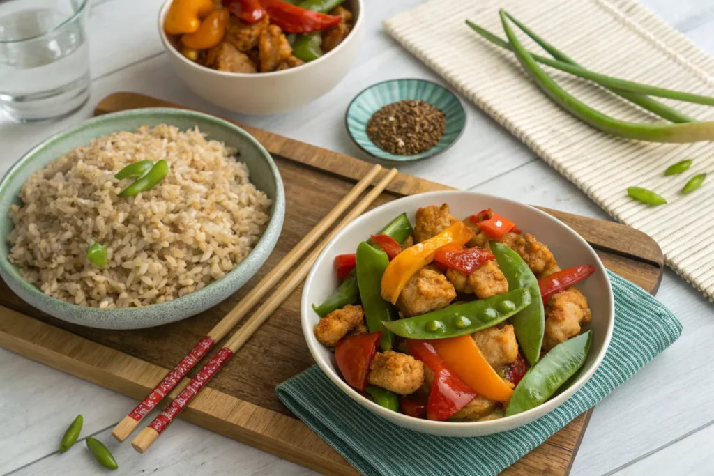 A balanced meal featuring sweet and sour chicken with brown rice and stir-fried vegetables.