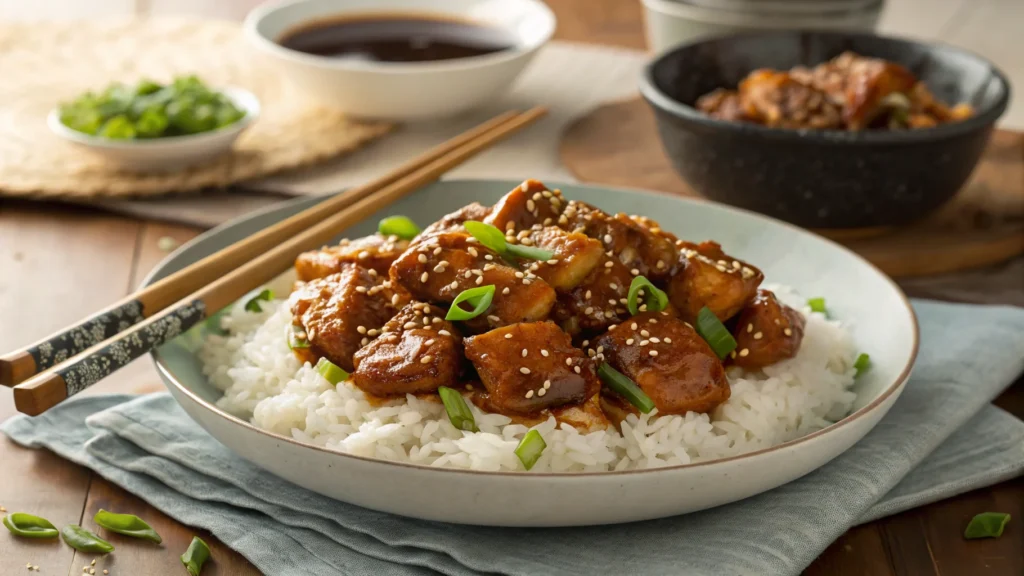 Bourbon Chicken with a thick caramelized glaze served over white rice, garnished with green onions and sesame seeds.