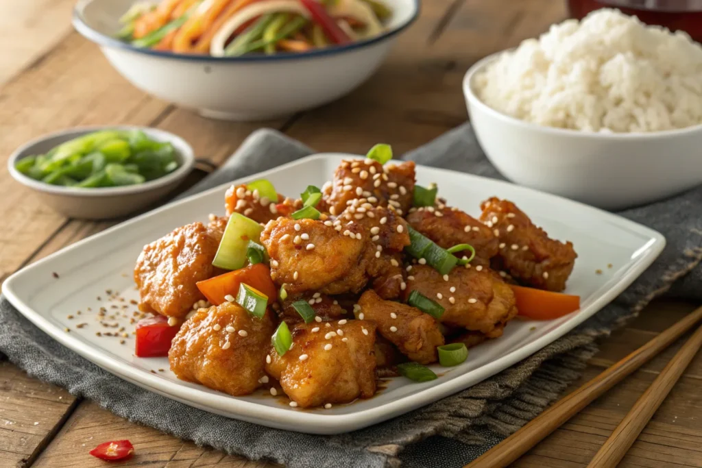 Infographic displaying sweet and sour chicken nutrition facts, including calories, protein, and carbohydrates.